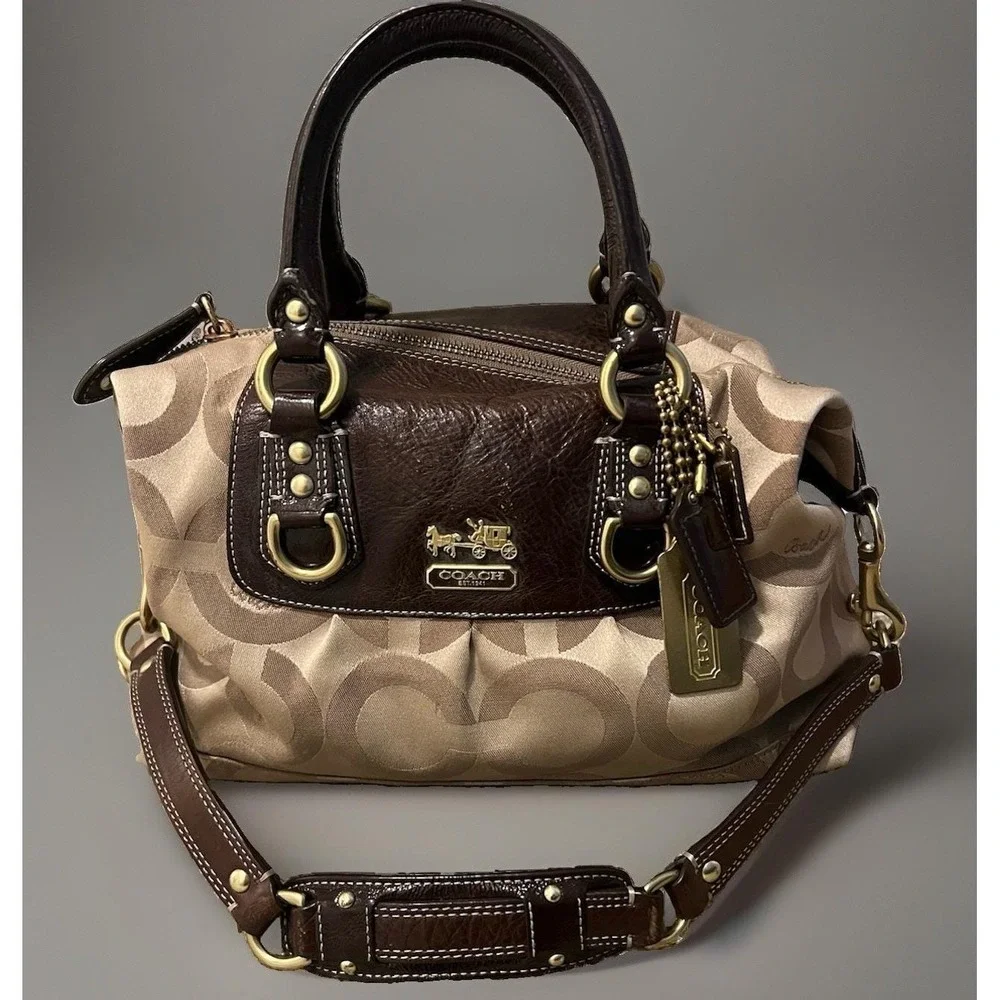 Coach Madison Signature Op Art Sabrina Brown/Beige Satchel Bag With Strap 12947